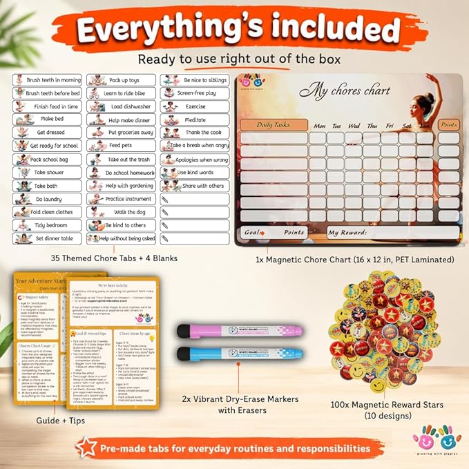 Mimi Doodle Magnetic Chore Chart for Kids – 16x12 Dry Erase Daily Responsibility Board for Fridge with 39 Chore tabs, 100 Reward Stickers – Behavior Chart for Kids at Home – Ballerina Theme
