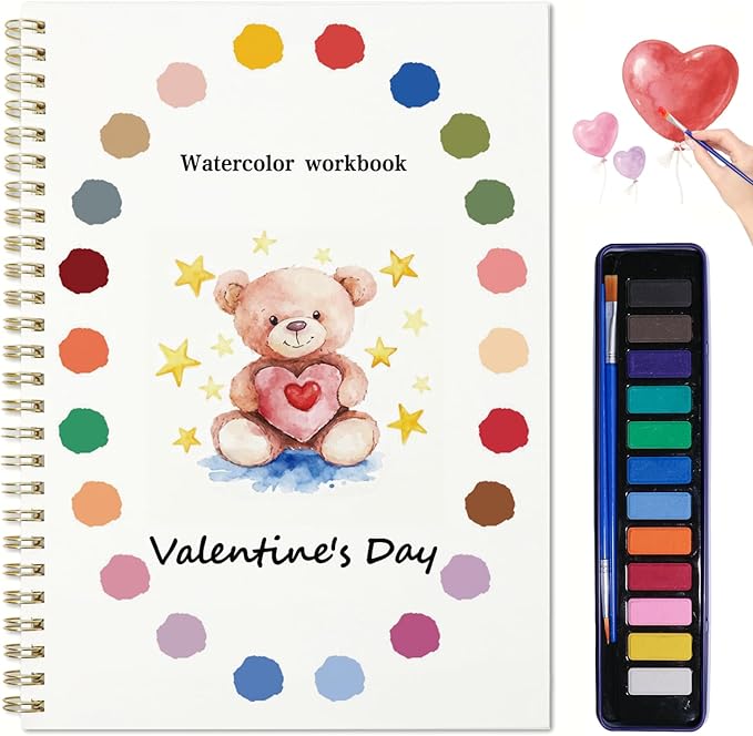 Watercolor Workbook for Adults - 12 Different Patterns of Original DIY Designs, olors Watercolor Paint Set with Palette and Brush, Beginner-Friendly Watercolor Workbooks（Valentine's Day）