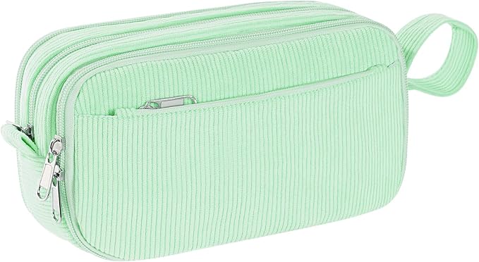 Corduroy Pencil Case, Large Capacity Pencil Pouch with 4 Compartments, Cute Soft Aesthetic Stationery Pen Bag Organizer with Zipper, Portable School Supplies for Teen and Adult Girls, Mint Green