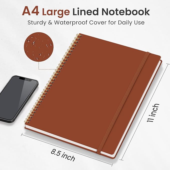 Taja Spiral Lined Notebook, 8.5"x11" Notebooks for Work, Large A4 Journal for Women & Men, College Ruled Journaling Notebook for Writing, Plastic Cover Spiral Journal, Rust Brown