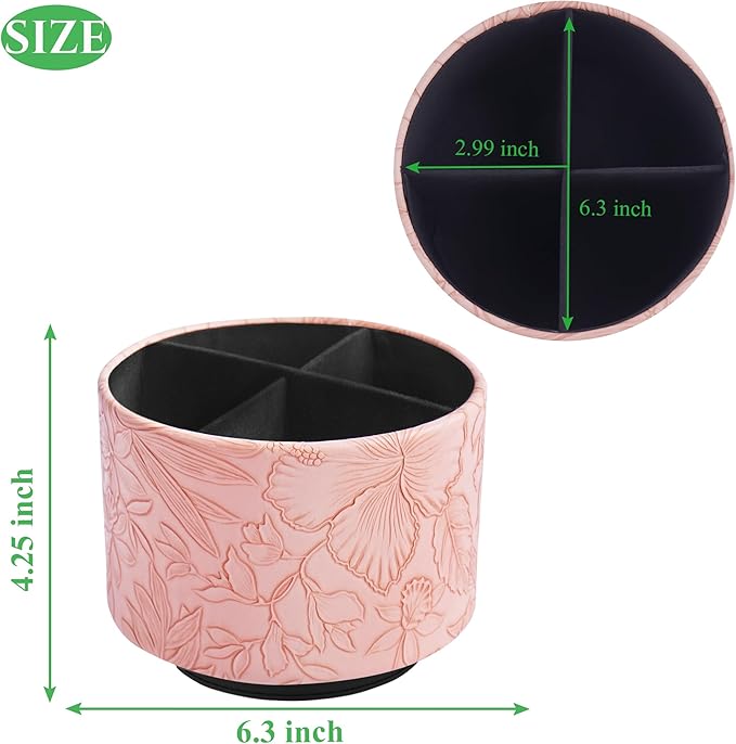 Round Leather Art Supply Organizer,Remote Control Holder,360 Degree Spinning,Multi-Functional Pencil Holder,4 Compartments Desktop Stationary Organizer(1-Carved Pink)