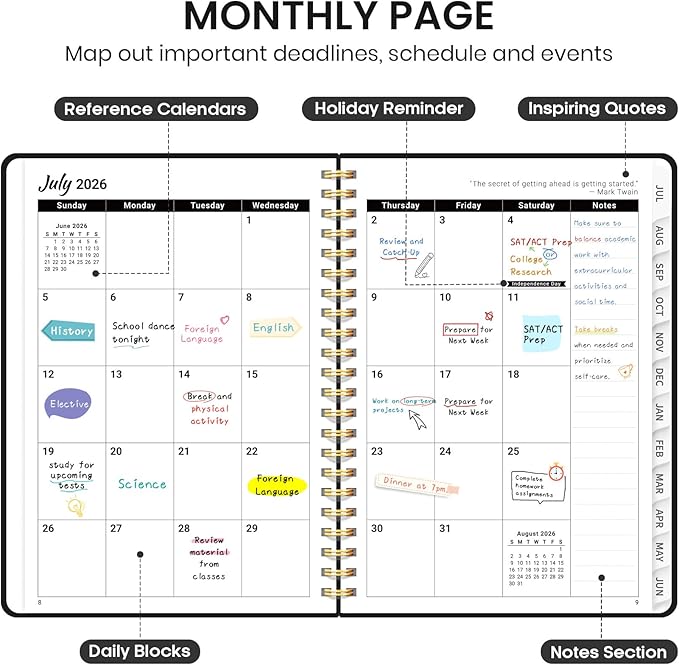 Planner 2026-2027 for Women & Men, Academic Monthly and Weekly Calendar Planner, Jul 2026 - Jun 2027, A5 (6.3" x 8.5"), Teacher Student Planning Book with Tabs, Ideal for Office School Supplies - Black