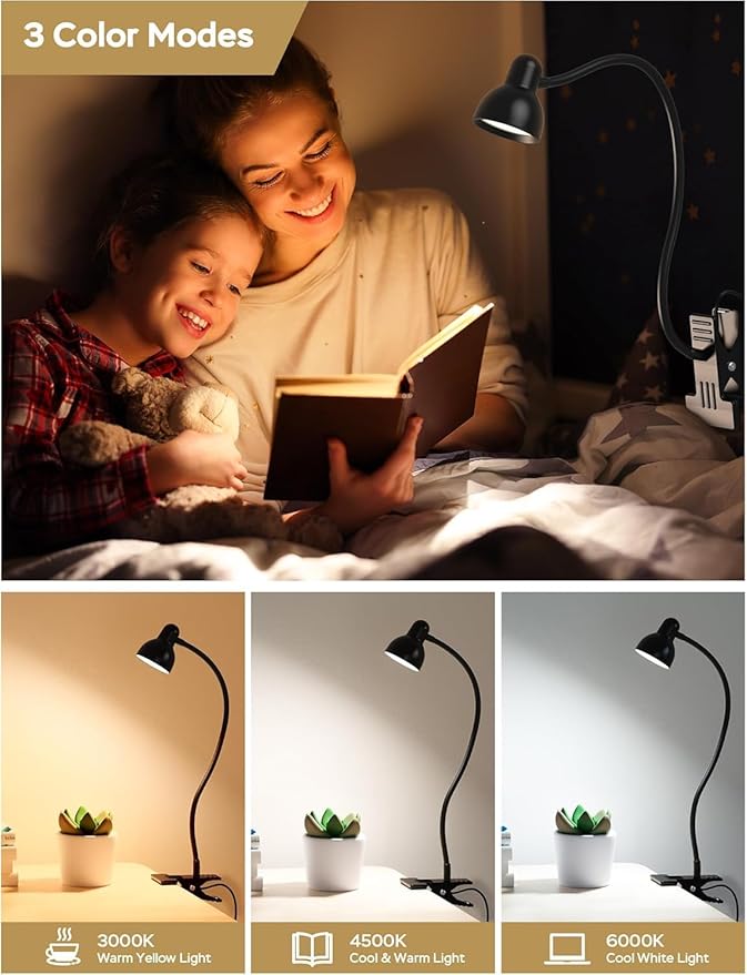 Clip on Light Reading Light for Bed 3 Color Modes 10 Dimmable Brightness Eye Care Clamp Desk Lamp 360° Flexible Desk Book Light for Reading Bed Headboard Computer Black