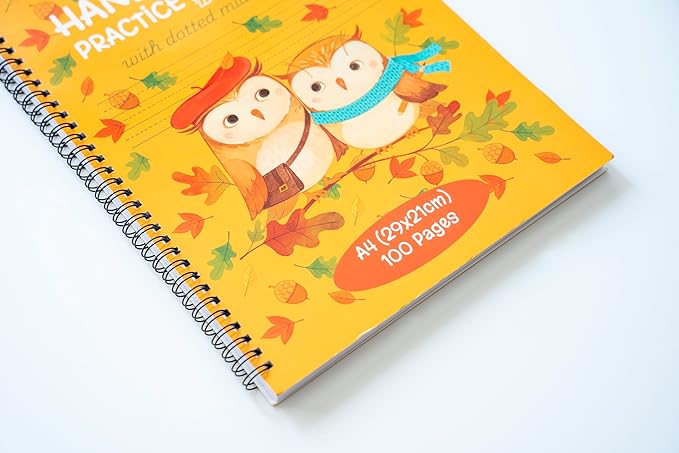 A4 Lined Handwriting Practice Notebook for Kids – Dotted Midline, Spiral Bind, Pre-K, Kindergarten, 100 Thick Pages (1, Yellow Owl)