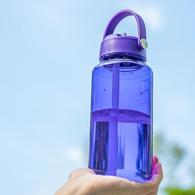 OLDLEY 32 oz Clear Water Bottle with Straw,Tritan BPA-Free, Wide Mouth, Leak Proof - for Gym, Travel, Home, School, Office (Deep Purple)