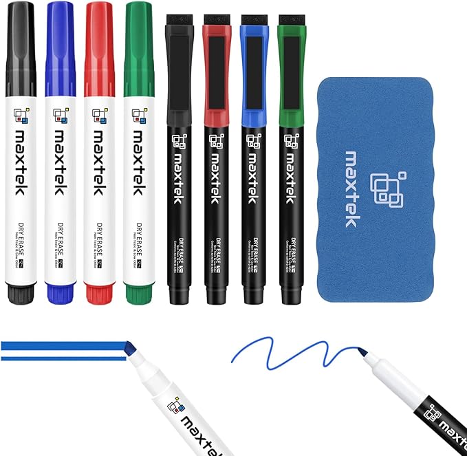 maxtek Low Odor Dry Erase Markers Mixed Tip, Whiteboard Markers Set 8 Count with 1 Magnetic Eraser