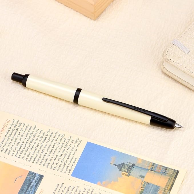 Jinhao 20 Press Fountain Pen, Ivory White Retractable Extra Fine Nib with Ink Converter Set (Black Clip)
