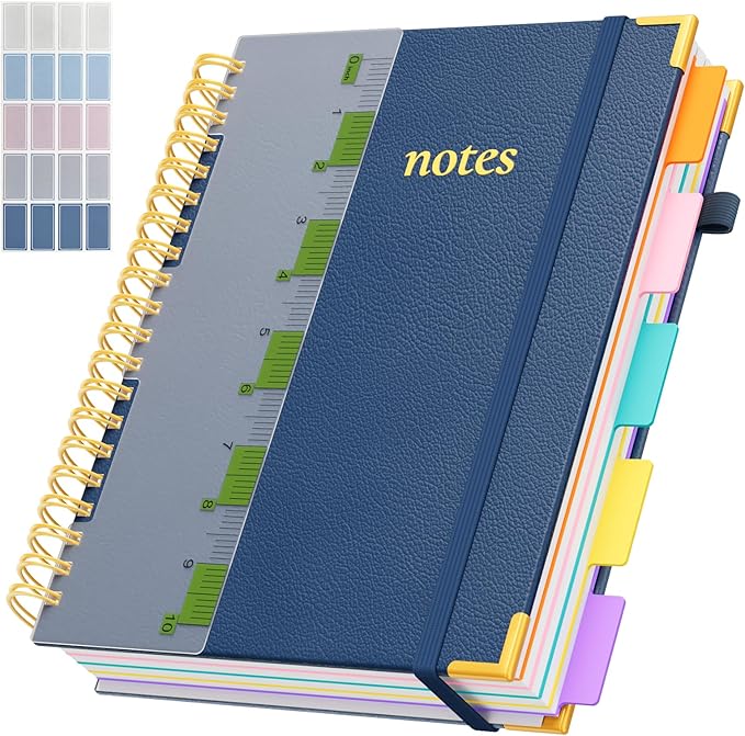 XYark A4 Hardcover Spiral Notebook, 8.5"x11" College Ruled Notebooks with Removable Divider Tab & Ruler, 5 Subject Notebook 300 Pages, Large Lined Journal for Women Men School Work Office, Noble Blue