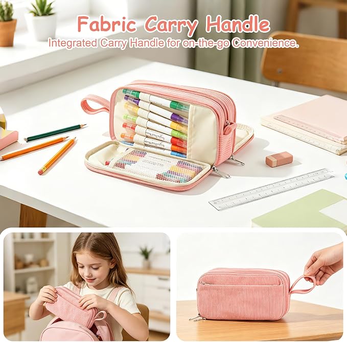 BuyCard Pink Corduroy Pencil Case, Large Capacity, Casual Style, Zipper Pouch Organizer for Teen Girls, Cute Stationery Storage and Organizer, Supplies for Teen and Adult Girls
