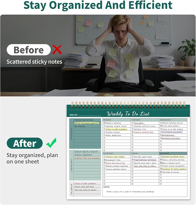 104 Pgs Weekly To Do List Notepad, 52 Duplex-Printed Undated Sheets 100 GSM（8.5"×11") Weekly Desk Planner For Work Home School Office Desk Accessories Supplies & Goal Setting Tasks - Green