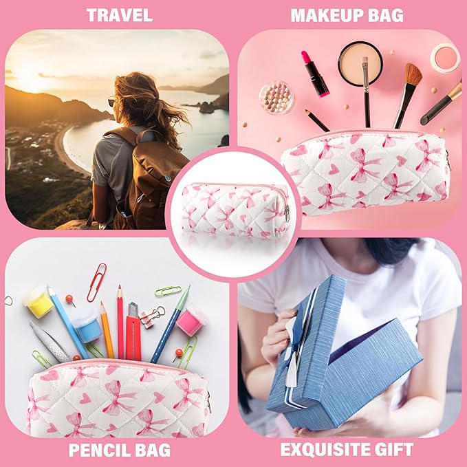 Sherr Coquette Bow Pencil Case Pink Bow Cute Pencil Pouch Soft Cotton Storage Bag Aesthetic Pattern Gift Makeup Pouch Cosmetic Travel Bag for Women
