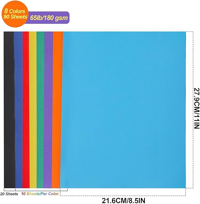 Colored Cardstock for Crafts and Cards, 8.5 x 11 inch / 90 Sheets /8 Colors Paper 65Ib 180g UAP08