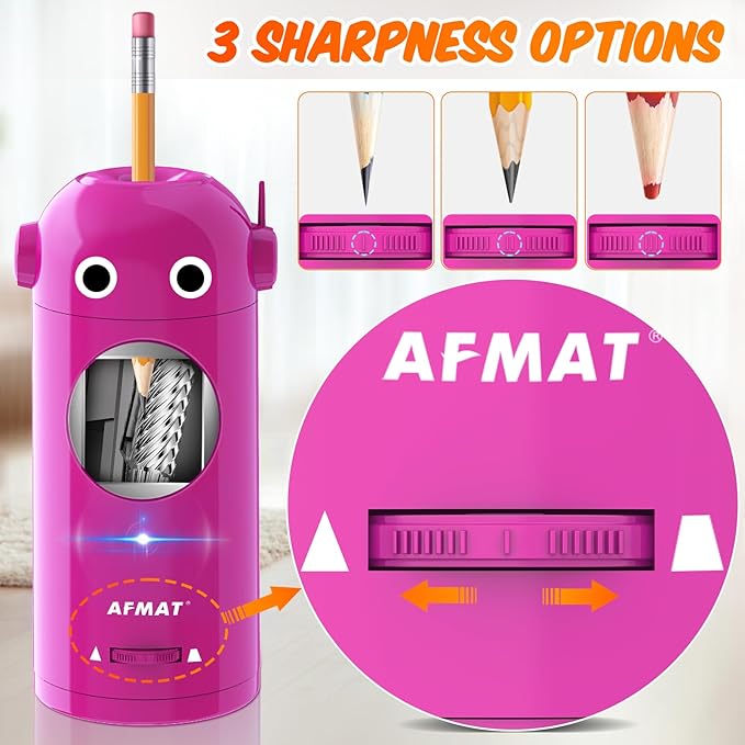 AFMAT Electric Pencil Sharpener for Colored Pencils 7-11.5mm, Fully Automatic Robot Pencil Sharpener, Auto in & Out, Rechargeable Hands-Free for Classroom/Home/Office, Battery Operated, PSX5RB, Pink