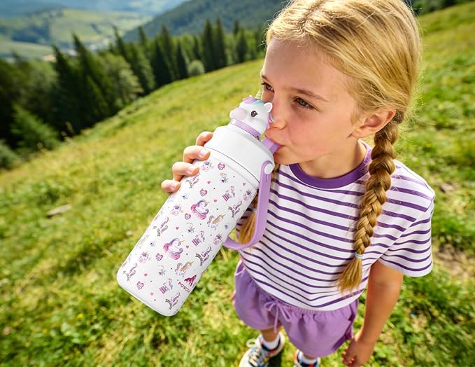 POWCAN Kids Water Bottle for School: 2-in-1 Straw Spout Lid with Soft Animal Head, Leakproof, Backpack Friendly, Keep Cold 24H, Insulated cup for Sports, Trip, Holiday Gift, Unicorn Starland 18 Ounces