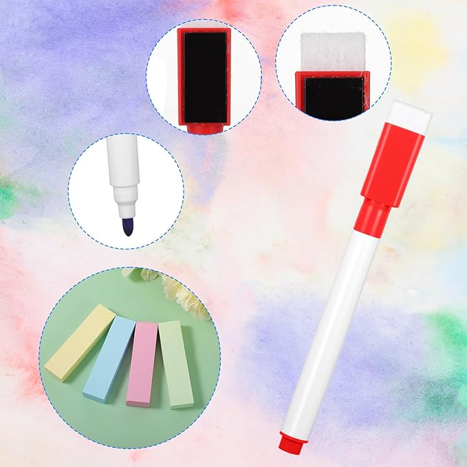 Ptwola 200PCS Magnetic White Board Markers with Erasers Cap, Dry Erase Colorful Fine Point Tip Markers Mini Erasable Whiteboard Pens with 4x100pcs Sticky Notes for Teachers Home Office Supplies