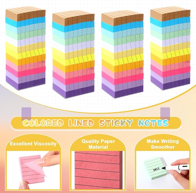 PerKoop 48 Pads, 4800 Sheets Small Sticky Notes 1.5x2 Lined 12 Colors