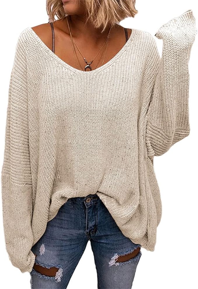 BZB Women's V Neck Long Sleeve Knit Loose Oversized Pullover Sweater Top