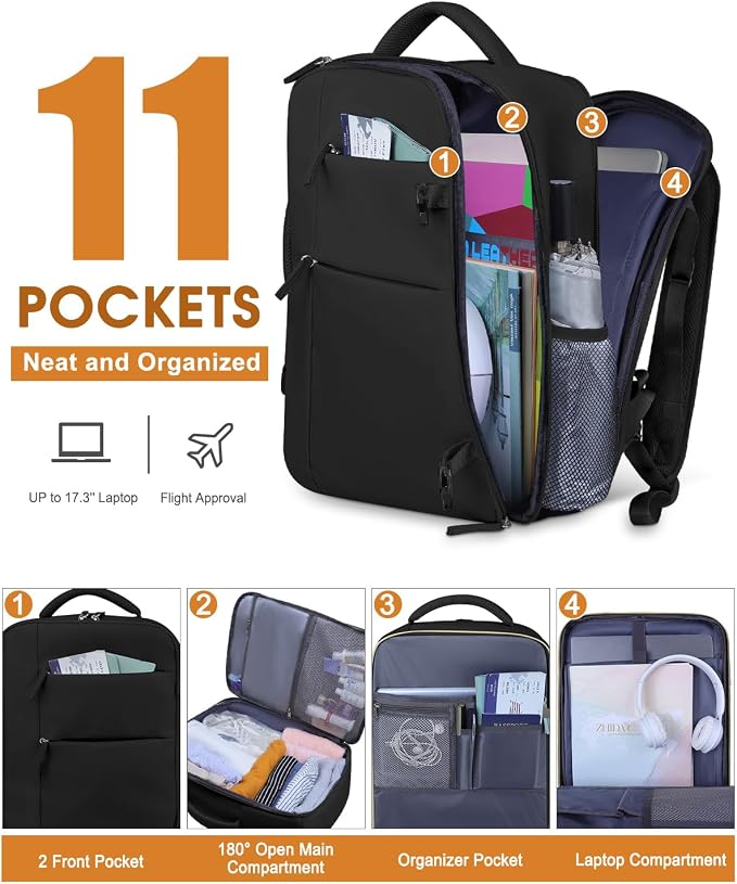 Capolo Travel Backpack for Women Men Waterproof Laptop Backpack Airlines Approved Carry On Backpack Bag Computer Bookbag for Business, Work, Traveling Fits 17 Inch Laptop(Black Zipper,XL)