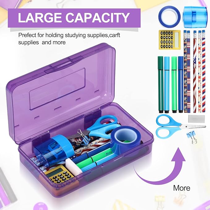 Leelosp 12 Pack Clear Pencil Boxes for School Bulk, Large Plastic Pencil Case with Lid, Stackable Hard Crayon Storage Box for Classroom Kids, Desk Drawer Organizer for Office Home(Purple)