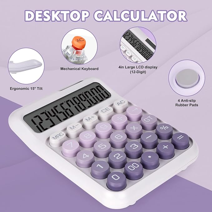 Mechanical Switch Calculator with Big Buttons, Calculators Desktop, 12 Digits, Solar Battery Power, Desk Calculator,Large LCD Display,Cute Purple Calculators for Teachers Students Basic Office