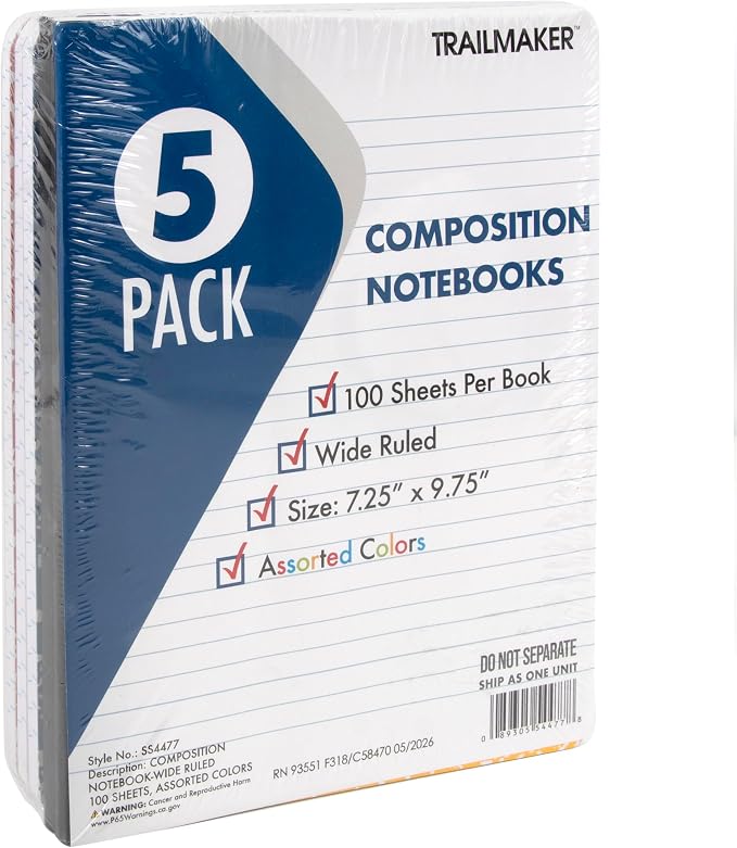 Trail maker 5 Pack Composition Notebooks Colored, Wide Ruled Marble Cover, 200 Pages (100 Sheets), 9.75 x 7.25, Bulk School Supplies for Classroom, Office & School Donations