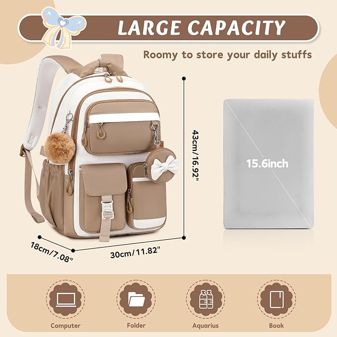 MUSEVOS Kids Teenage Girls Backpack, Elementary/Middle/High Schoolbag, Multi-Compartment Water-resistant Cute Bookbag, 17inch