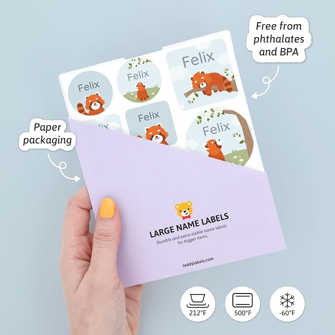 Camp Name Labels for Kids (33) – Custom Waterproof Stickers for Water Bottles, Lunch Boxes, Daycare & School with Unique Designs - Red Panda