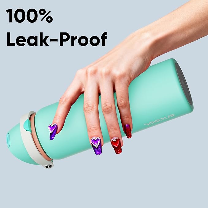Insulated Water Bottle with Straw - Encool Stainless Steel Water Bottle with Push Button Lid, Leak-Proof & BPA-Free, Keeps Cold for 24 Hours for Sports, Travel, Gym (32 oz, Turquoise)