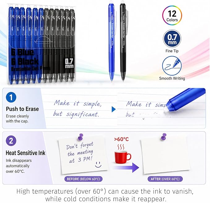 sunacme Retractable Erasable Gel Pens, 6 Black & 6 Blue Fine Point Erasable Pens Clicker, Make Mistakes Disappear, Perfect for Drawing, Writing, Planner & Crossword Puzzles (0.7mm, Pack of 12)