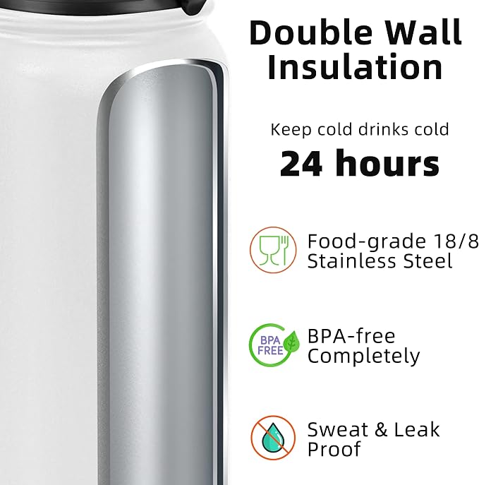Fanhaw 20 Oz Kids Insulated Stainless Steel Water Bottle with Straw Lid, Leakproof & Anti-Dust Everyday Use Bottle for School, Women & Men, Back to School Essentials (White)