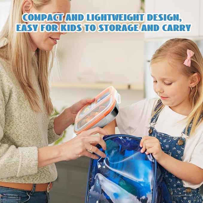 2 Pack Stainless Steel Snack Containers for Kids, 3 Compartments Reusable on the go Bento Box with Lids, Toddler Lunch Box Containers Pre Meal Storage for Daycare School Outdoor - White Orange