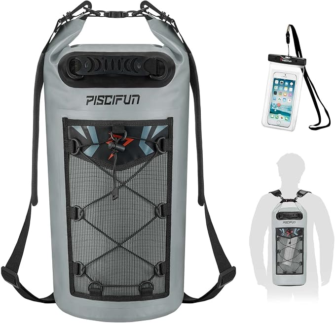 Piscifun Dry Bag, Waterproof Floating Backpack 10L/20L/30L/40L | Waterproof Phone Case, Adjustable shoulder straps, Roll-top closure keeps gear dry, Ideal for Boating, Kayaking, Fishing