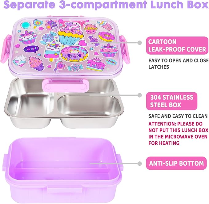 Stainless Steel Bento Lunch Box for Kids, 800ml/27oz BPA-Free Leak-Proof Food Containers with 3 Compartments, Freezer & Dishwasher Safe, Back to School Students Lunches Size for Ages 3-7