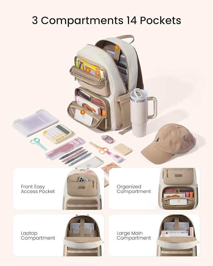 LOVEVOOK School Backpack for Teen Girls & Women,Laptop Backpack with Water Bottle Holder,Lightweight Work College Bookbag,Student Backpack for Middle High School,Beige-Khaki