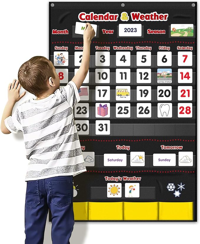 Calendar and Weather Pocket Chart, Classroom Organized Chart, 149 Pieces (Black)