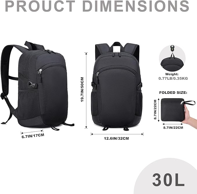Lightweight Hiking Backpack 30L Packable Foldable Daypack Collapsible Travel Bag Water-Resistant for Women Men (Black)