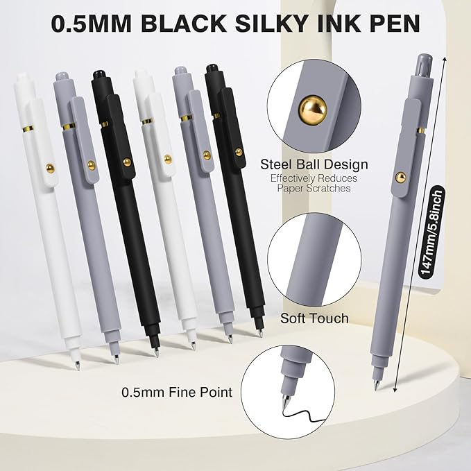 Gel Pens, 6 Pack 0.5mm Fine Point Pen Black Ink with 6 Refills, Quick Dry & No Smear, Smooth Writing Pens for Journaling, Back to School Supplies Office Desk Accessories Gifts for Nurse Women