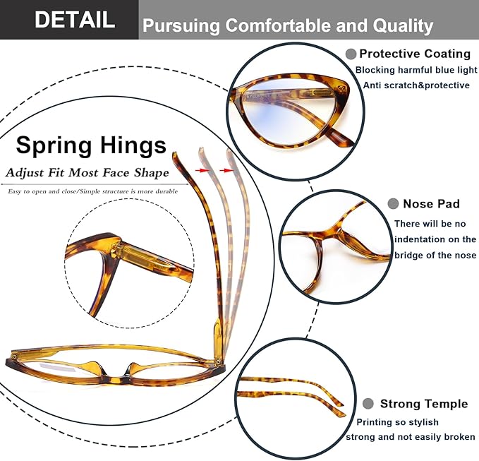 EYEURL 4-Pack Cat Eye Reading Glasses for Women Blue Light Blocking Fashion Computer Glasses Anti-Glare Cat Eye Readers For Women,1.25