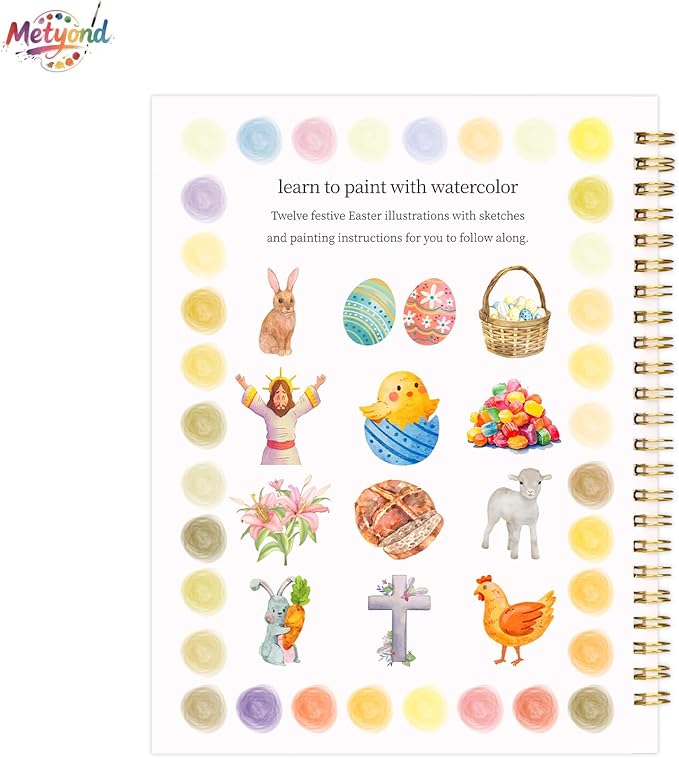 Metyond Easter Watercolor Workbook - Watercolor Coloring Book with 1 Workbook 12 Colors Paint Set with Brush, Beginner Friendly Watercolor Workbooks Set Easter Gift for Adults Teens