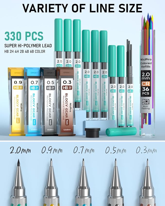 Nicpro Blocky Gear Metal Mechanical Pencil Set in Leather Case | 29PCS Art Drafting Pencils (0.3/0.5/0.7/0.9/2mm) with 330PCS Lead (HB 2H 4H 2B 4B 6B Color) For Writing Sketching Drawing