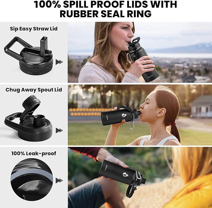 RAYMYLO Insulated Water Bottle 32 oz, Triple Wall Vacuum Stainless Steel (Cold for 24Hrs, Hot for 12Hrs), Leak Proof & Non-BPA, Modern Water Flask Jug with Paracord Handle & Straw Spout Lids