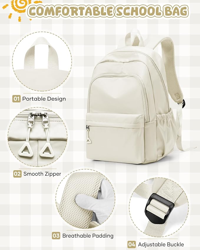 winspansy Backpack for School Teenage Girls Boys,Waterproof Lightweight School Bags Travel Daypack Simple Cute College Backpack Rucksack for Women Men fit 14 Inch Laptop,Beige
