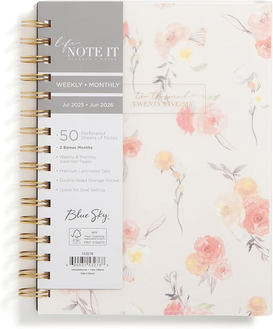 Blue Sky Life Note It 2025-2026 Academic Year Weekly and Monthly Planner, July 2025 - June 2026, 5.875" x 8.625", Frosted Cover, Laminated Tabs, Wirebound, Storage Pocket, Hannah