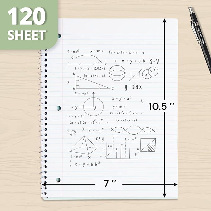 ONAVIA 3 Subject Spiral Notebook, 5 Pack, College Ruled, 8 x 10.5 in, 120 Sheets, 3-Hole Punched with Dividers and Double-Sided Pockets for School, Study, Homework, Pink