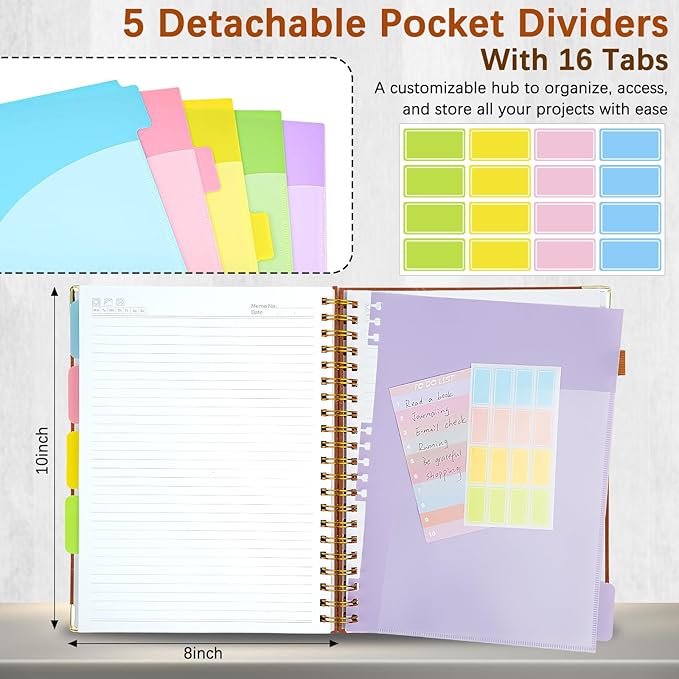 Hardcover Spiral Notebooks for Work 8''x 10'', 300 Pages 5 Subject Notebook with Dividers & Tabs, B5 Spiral Journal for Women, College Ruled Notebooks for School Note-Taking (Light Brown)