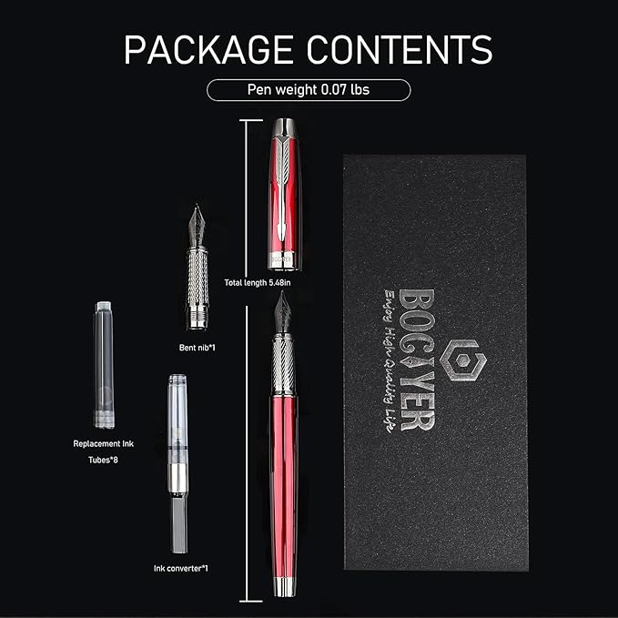 Fountain Pen with Fine Nib & Black Ink, Refillable & Elegant Bent Nib Design, Calligraphy Pens for Writing, Best Fountain Pen for Smooth & Fancy Writing (Black)