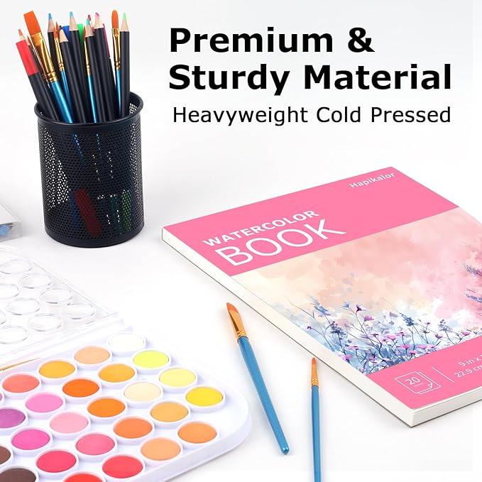 Watercolor Paper Pad 9x12, 140lb/300gsm Cold Press Drawing Paper, 20 Sheets Acid-Free Artist Sketchbook for Wet Media, Gouache & Acrylic, Double Sided Painting Paper (Pink Cover)