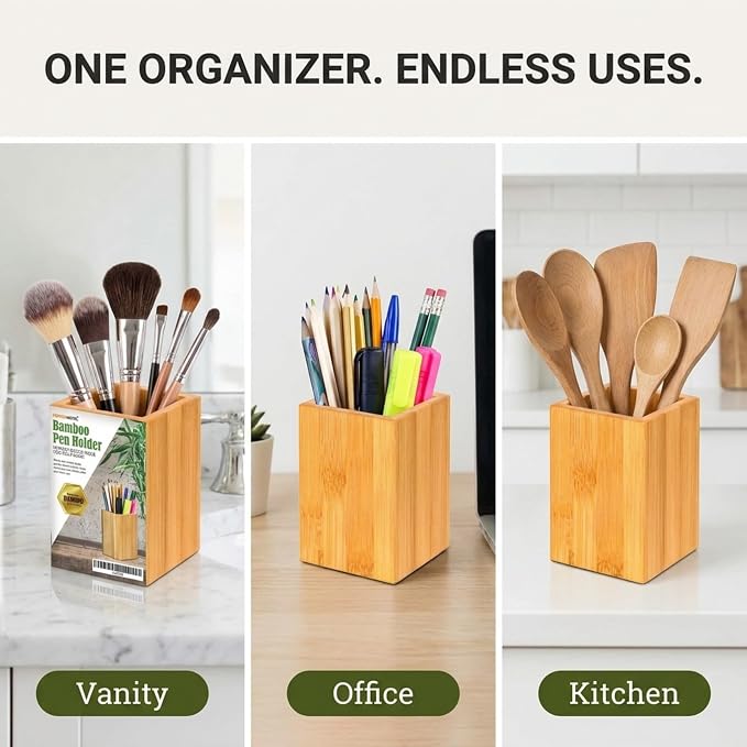 Eco-Friendly Bamboo Pen Holder | Minimalist Wooden Pencil Cup | Natural Desk Organizer Box for Office, School, or Vanity | Sustainable Square Storage Container | Unpainted Finish