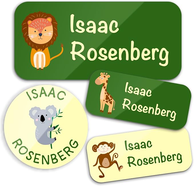Personalized Waterproof Name Labels for Kids | Optional Packs 50, 150, 230 Labels | Custom Name Stickers for Kids' Clothing Tag, Water Bottle, Lunch Box, Customize Kid Name Label for Daycare Safari