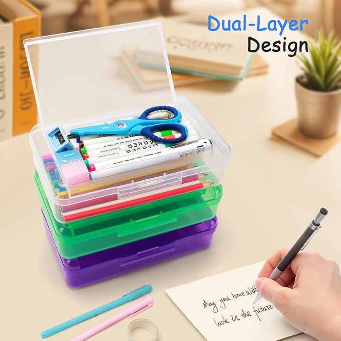 Double Layer Large Capacity Pencil Box,Plastic Translucent Pencil Box, Hard Pencil Cases with Snap-Tight Lid for Pens, Pencils, School Supplies,Office Supplies,Medium-sized,1 Pack